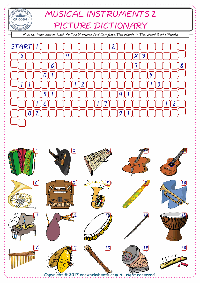  Check the Illustrations of Musical Instruments english worksheets for kids, and Supply the Missing Words in the Word Snake Puzzle ESL play. 
